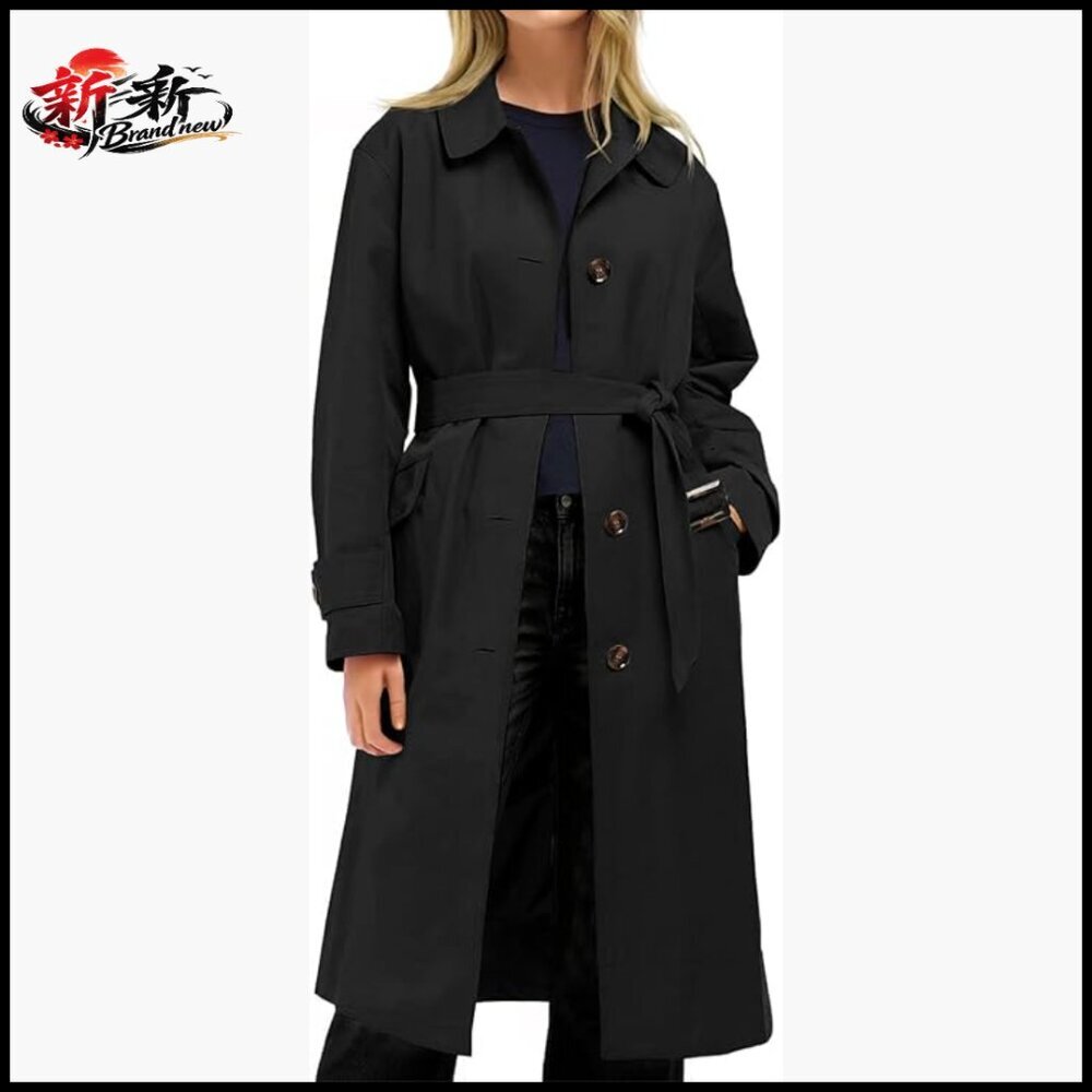 Windproof Long Trench Coat with Belt and Pockets, 100% Polyester